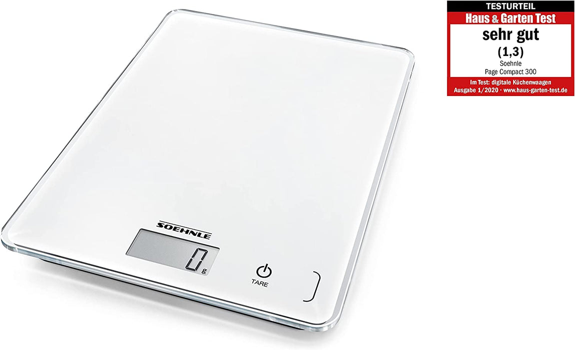 Page Compact 300 weiß, digitale Küchenwaage bis zu 5 kg Tragkraft, Küchenwaage mit leicht ablesbarer LCD-Anzeige, Digitalwaage mit Zuwiegefunktion