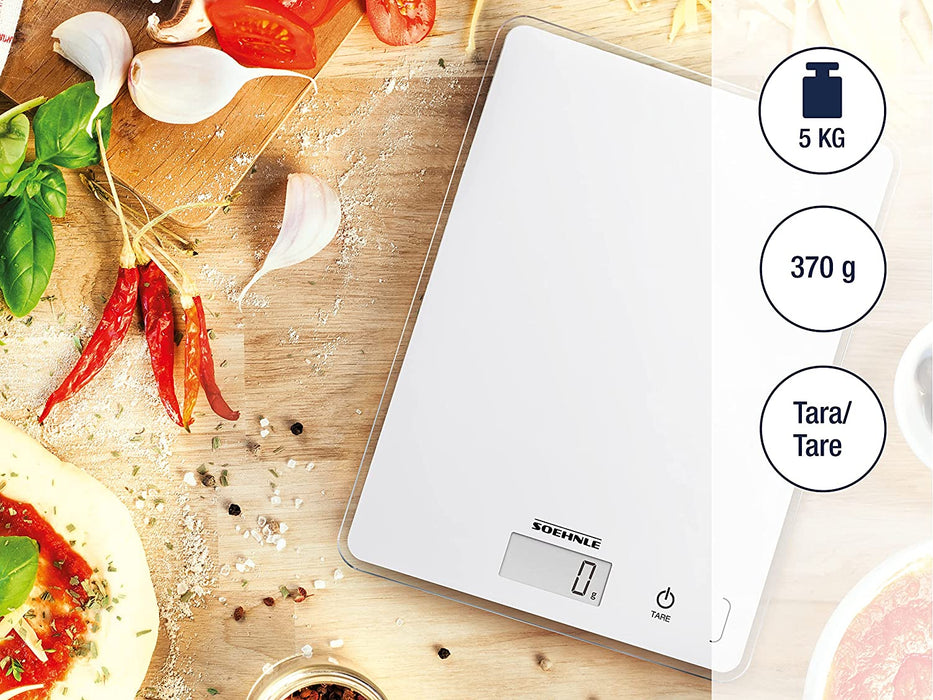 Page Compact 300 weiß, digitale Küchenwaage bis zu 5 kg Tragkraft, Küchenwaage mit leicht ablesbarer LCD-Anzeige, Digitalwaage mit Zuwiegefunktion