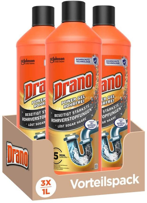 Power Gel Rohrfrei Abflussreiniger, Rohrreiniger, für Küche und Bad, entfernt Verstopfungen, 3er Pack (3 x 1000 ml)