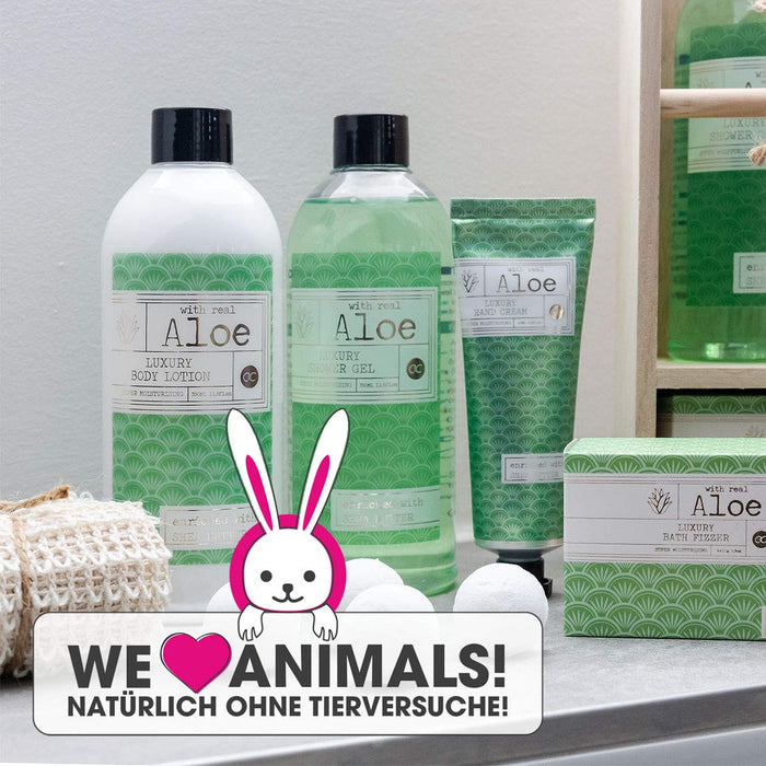 Premium Collection Aloe Vera Geschenkset für Frauen im Holzregal mit Duschgel Bodylotion Handcreme Badebomben und Sisaltuch