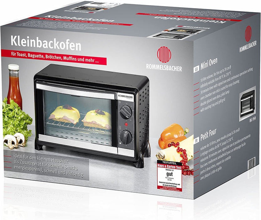 ROMMELSBACHER Kleinbackofen "Speedy" - 10 Liter Backraum, 2 Quarzheizelemente, Temperatur von 80 - 230 °, Ober-/Unterhitze, Zeitschaltuhr