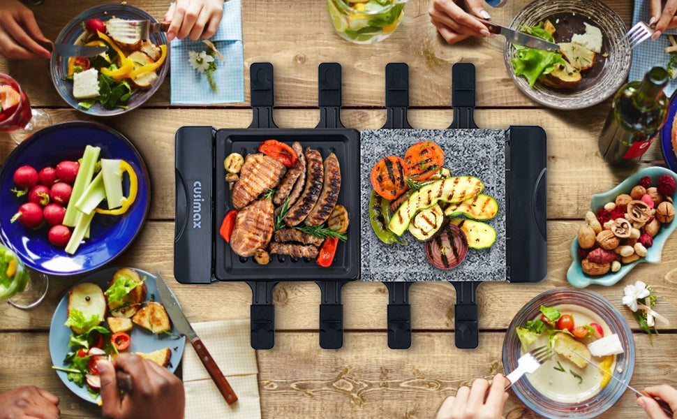 Raclette Grill 8 Personen mit Steinplatte und Grillplatte Antihaftbeschichtung, Raclette 8 Personen mit Mini-Käsepfanne für Indoor Grillgut