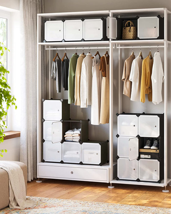  Regalsystem, 16 Würfel, Kleiderschrank aus Kunststoff, mit Türen, Schuhregal, Aufbewahrung von Kleidung, Schuhen, Spielzeug und Büchern, Steckregal