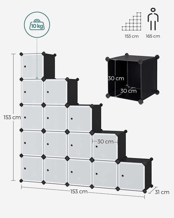  Regalsystem, 16 Würfel, Kleiderschrank aus Kunststoff, mit Türen, Schuhregal, Aufbewahrung von Kleidung, Schuhen, Spielzeug und Büchern, Steckregal