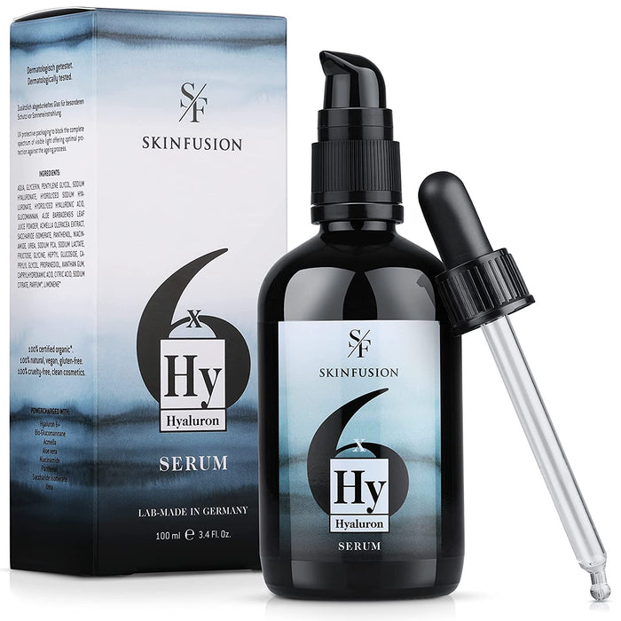  6-Fach Bio Hyaluron Serum hochdosiert 100 ml – veganer Multi-Hyaluronsäure-Komplex mit Booster-Wirkstoffen wie Bio-Glucomannan, Aloe