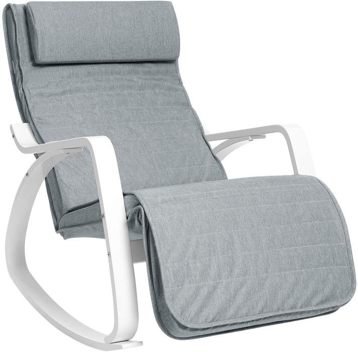 Schaukelstuhl aus Birkenholz, Relaxstuhl, Fußstütze 5-stufig verstellbar, Bezug aus Leinenimitat, bis 150 kg belastbar, Wohnzimmer und Schlafzimmer
