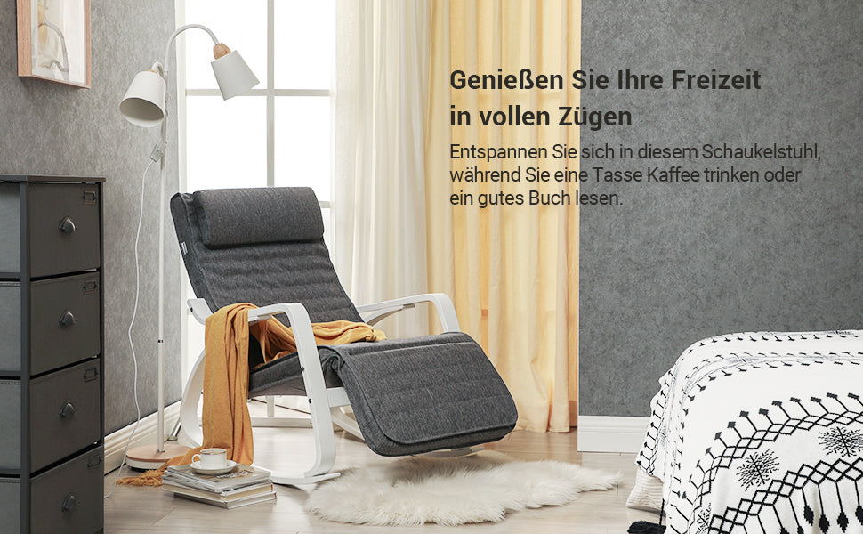 Schaukelstuhl aus Birkenholz, Relaxstuhl, Fußstütze 5-stufig verstellbar, Bezug aus Leinenimitat, bis 150 kg belastbar, Wohnzimmer und Schlafzimmer