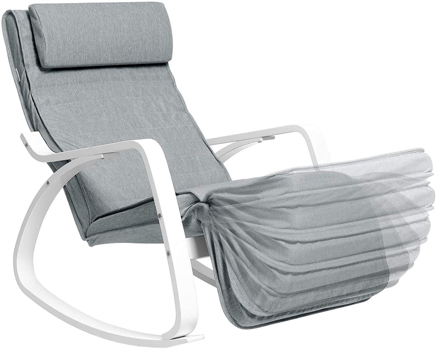 Schaukelstuhl aus Birkenholz, Relaxstuhl, Fußstütze 5-stufig verstellbar, Bezug aus Leinenimitat, bis 150 kg belastbar, Wohnzimmer und Schlafzimmer