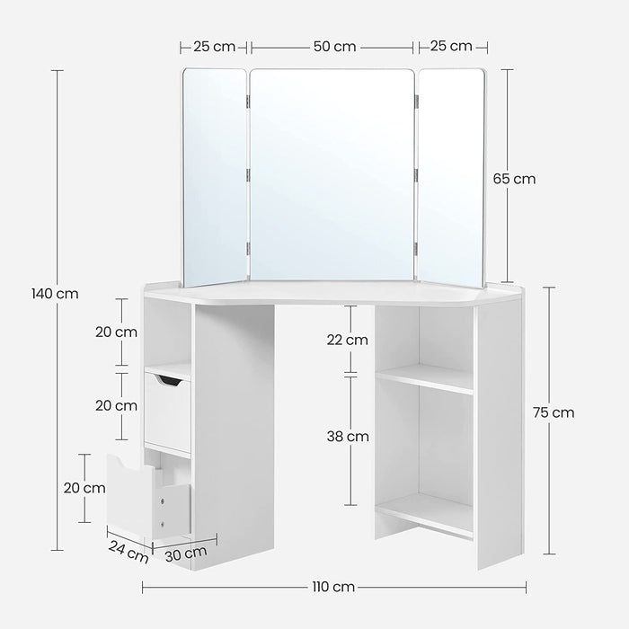 Schminktisch, Eckschminktisch, Frisiertisch, Kosmetiktisch, 3-teiliger Klappspiegel, 2 Schubladen, 3 offene Fächer, 110 x 54 x 140 cm, modern, weiß