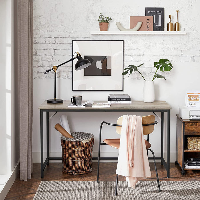 Schreibtisch, Computertisch, schmaler Bürotisch, 140 x 60 x 75 cm, Arbeitszimmer, Homeoffice, Büro, einfacher Aufbau, Stahl, Industrie-Design, Greige