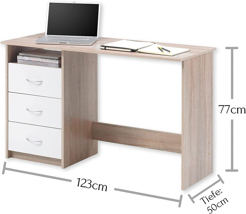  Schreibtisch mit Schubladen in Eiche Sonoma Optik, Weiß - Praktischer Bürotisch Computertisch mit großer Arbeitsfläche - 120 x 76 x 50 cm 