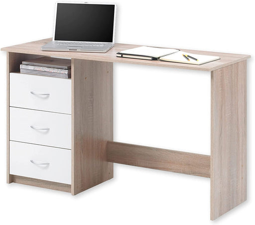  Schreibtisch mit Schubladen in Eiche Sonoma Optik, Weiß - Praktischer Bürotisch Computertisch mit großer Arbeitsfläche - 120 x 76 x 50 cm 