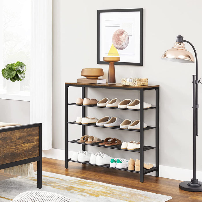 Schuhregal, Schuhablage mit 4 Gitterebenen und großzügiger Oberfläche für Taschen, für den Eingangsbereich, Flur, 100 x 30 x 92,5 cm, Industrie-Design