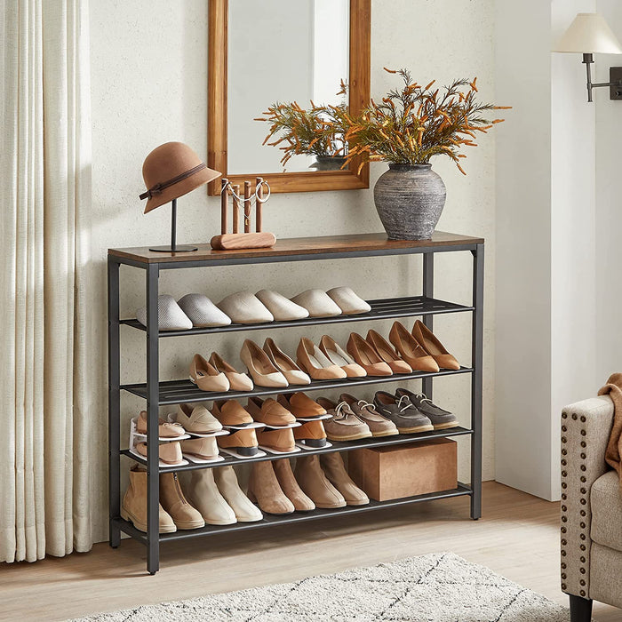 Schuhregal, Schuhablage mit 4 Gitterebenen und großzügiger Oberfläche für Taschen, für den Eingangsbereich, Flur, 120 x 30 x 92,5 cm, Industrie-Design