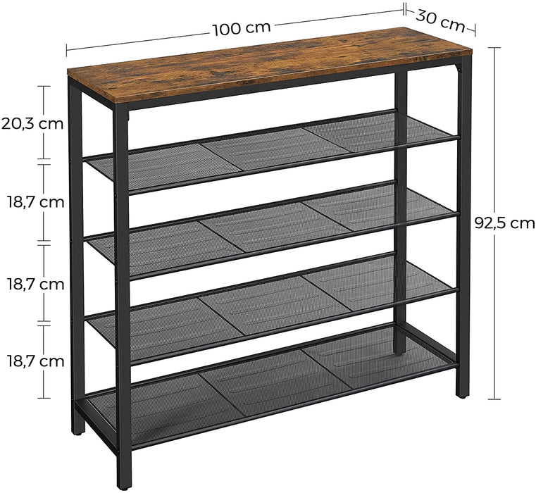 Schuhregal, Schuhablage mit 4 Gitterebenen und großzügiger Oberfläche für Taschen, für den Eingangsbereich, Flur, 100 x 30 x 92,5 cm, Industrie-Design