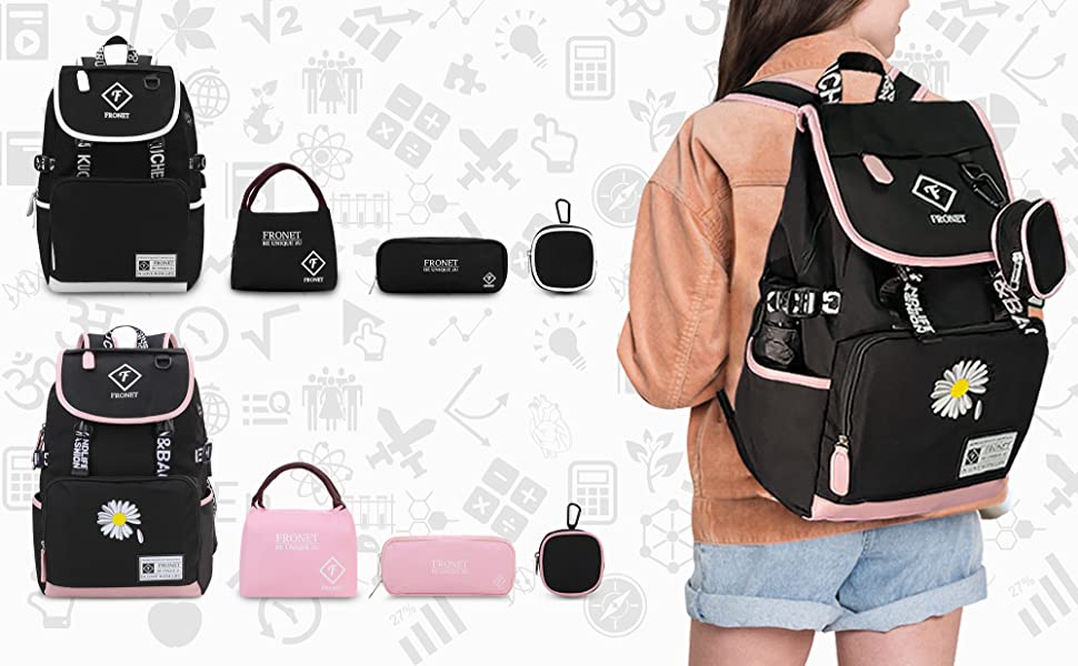 Schulrucksack Jungen Mädchen Teenager Schulranzen, Schultaschen Set 4-in-1 mit Lunch Taschen Federmäppchen Kinder Geldbörsen, Kinderrucksack Rucksäcke