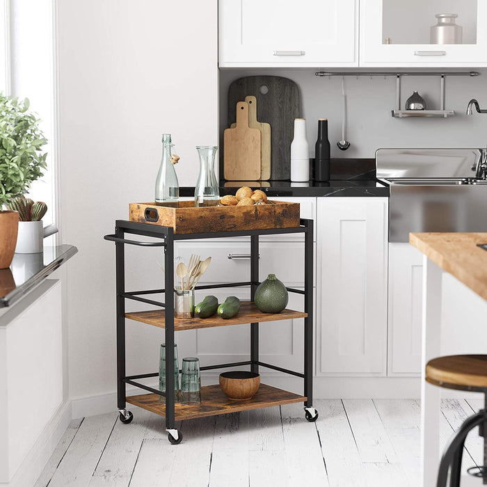 Servierwagen mit abnehmbarem Tablett, feststellbarer Küchenwagen mit Universalrollen, Küchenregal, 65 x 40 x 86 cm, stabiles Metallgestell
