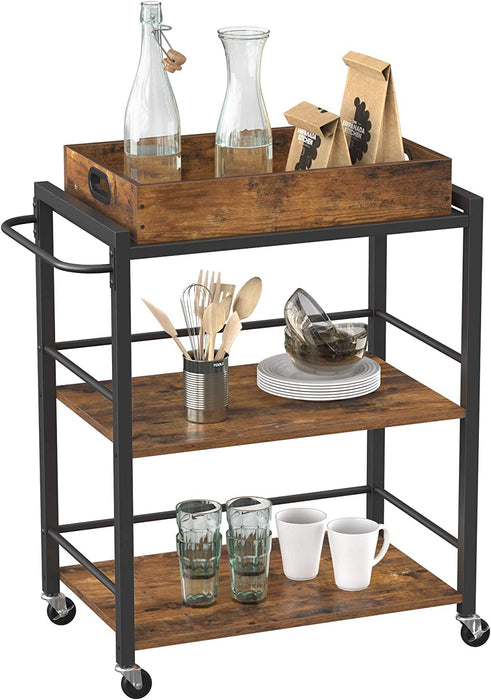 Servierwagen mit abnehmbarem Tablett, feststellbarer Küchenwagen mit Universalrollen, Küchenregal, 65 x 40 x 86 cm, stabiles Metallgestell
