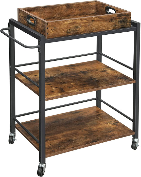 Servierwagen mit abnehmbarem Tablett, feststellbarer Küchenwagen mit Universalrollen, Küchenregal, 65 x 40 x 86 cm, stabiles Metallgestell