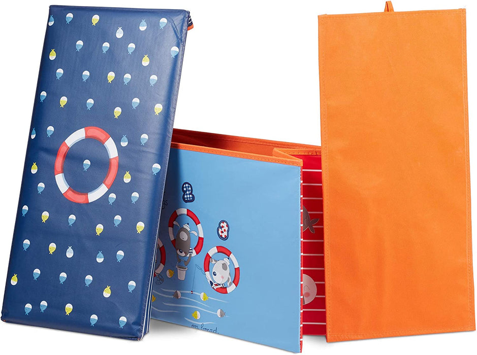 Sitzbox Kinder, Faltbare Aufbewahrungsbox mit Stauraum, Deckel, Motiv Meer, Jungen & Mädchen, 50 Liter, blau, Sea Life