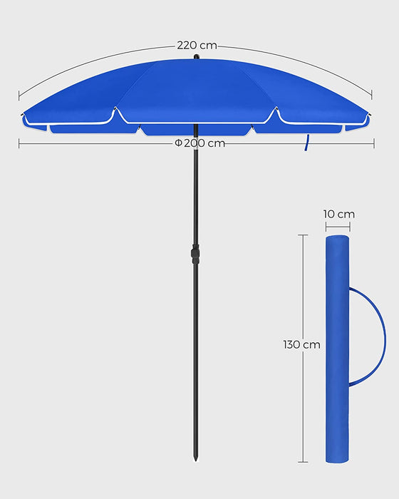 Sonnenschirm für Strand, Ø 200 cm, Gartenschirm, UV-Schutz bis UPF 50+, knickbar, Sonnenschutz, tragbar, Schirmrippen aus Glasfaser, blau