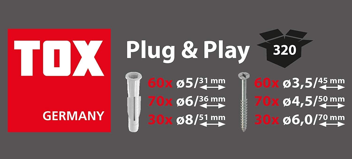  Sortimentskoffer Plug und Play, 320 tlg. mit Allzweckdübel Trika 5x31 mm, 6x36 mm, 8x51 mm + perfekt abgestimmte Schrauben