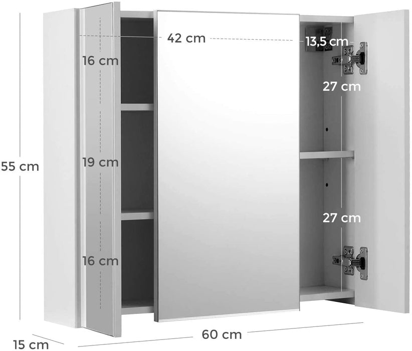 Spiegelschrank, Badezimmerschrank, Aufbewahrungsschrank mit 3 Türen, fürs Badezimmer, 60 x 15 x 55 cm, mit verstellbaren Regalebenen, modern, weiß