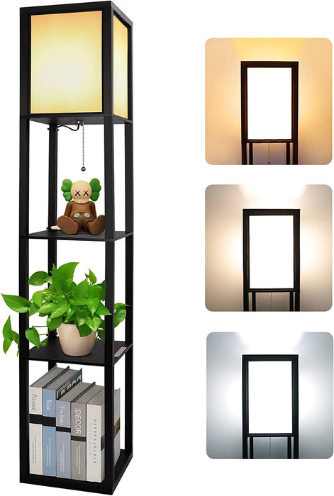 Stehlampe aus Holz, Stehleuchte mit Regal 3 Farbtemperaturen 3000-5000K, Standleuchte Holzablage mit E27 Fassung, Eckregal Regalbeleuchtung Retro 
