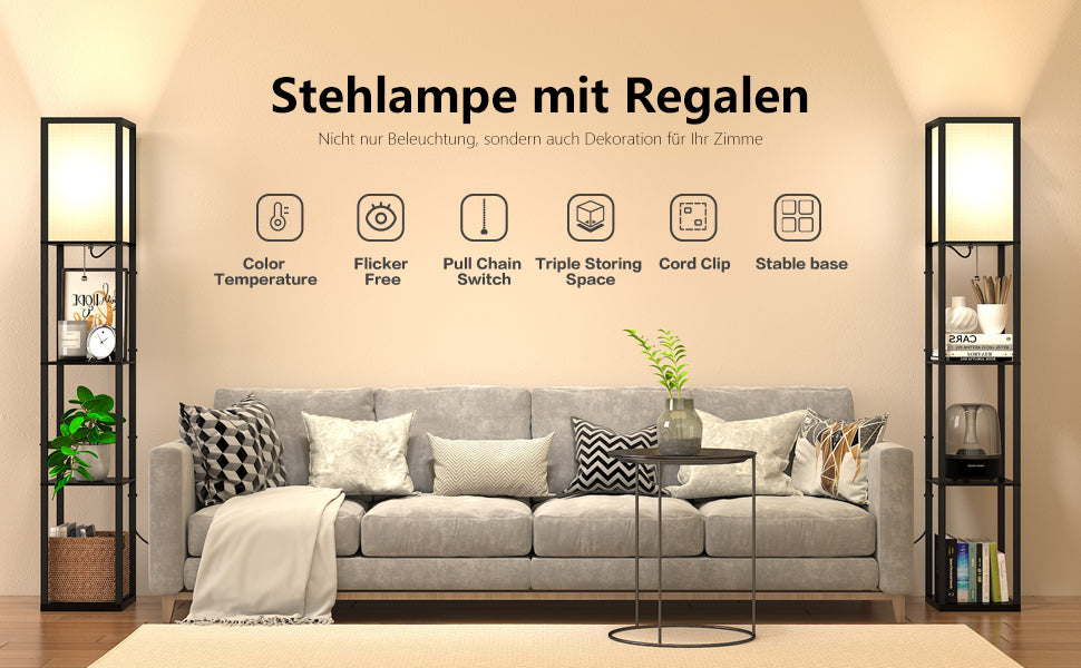 Stehlampe aus Holz, Stehleuchte mit Regal 3 Farbtemperaturen 3000-5000K, Standleuchte Holzablage mit E27 Fassung, Eckregal Regalbeleuchtung Retro 