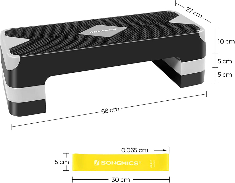 Steppbrett für Aerobic, Stepper mit Widerstandsband, höhenverstellbare (10/15/20 cm) Plattform, 68 x 27 cm Stepbench für Fitness, Workouts
