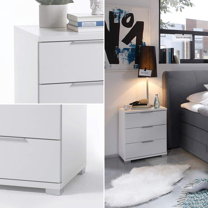 Universal Nachttisch in Weiß - Moderner Nachtschrank mit drei Schubladen für Ihr Boxspringbett - 46 x 61 x 42 cm