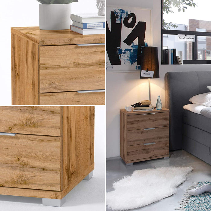 Universal Nachttisch in Wildeiche Optik - Moderner Nachtschrank mit drei Schubladen für Ihr Boxspringbett - 46 x 61 x 42 cm