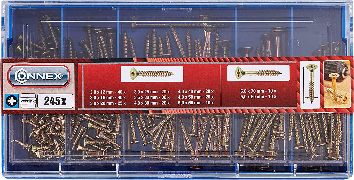 Universalschrauben-Sortiment 245-teilig - Diverse Größen - Senkkopf - PZ Pozidriv-Antrieb - Voll- & Teilgewinde - Gelb verzinkt / Schrauben-Set / Sortimentskasten