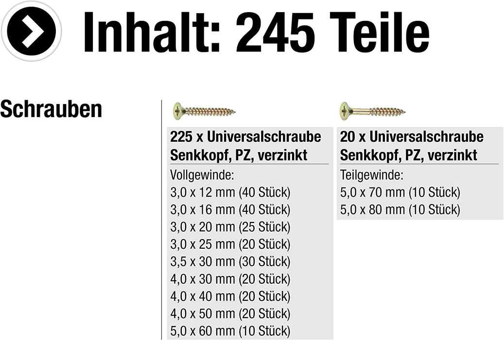 Universalschrauben-Sortiment 245-teilig - Diverse Größen - Senkkopf - PZ Pozidriv-Antrieb - Voll- & Teilgewinde - Gelb verzinkt / Schrauben-Set / Sortimentskasten