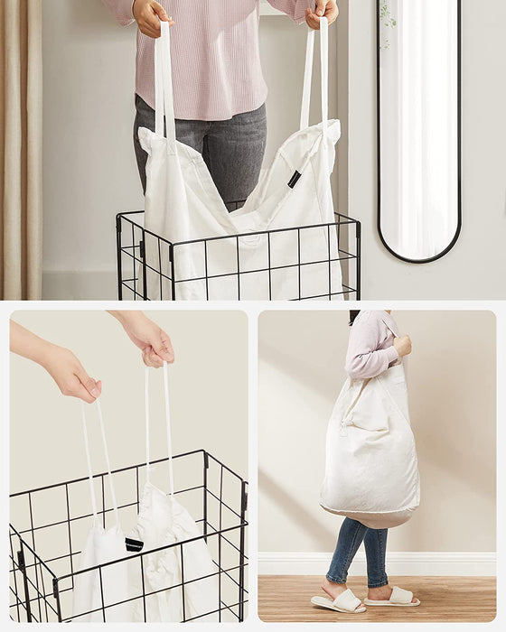 Wäschekorb 90L, faltbarer Wäschesammler, abnehmbarer und waschbarer Wäschesack, Metalldrahtgestell, für Schlafzimmer, Bad, Waschküche, schwarz-weiß