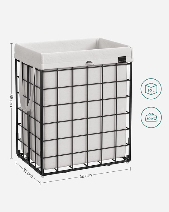 Wäschekorb 90L, faltbarer Wäschesammler, abnehmbarer und waschbarer Wäschesack, Metalldrahtgestell, für Schlafzimmer, Bad, Waschküche, schwarz-weiß