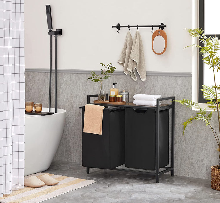 Wäschekorb, Wäschesammler, 2 abnehmbare Taschen aus Oxford-Gewebe, Metallgestell, 2 x 46 Liter, 73 x 33 x 72 cm, vintagebraun-schwarz