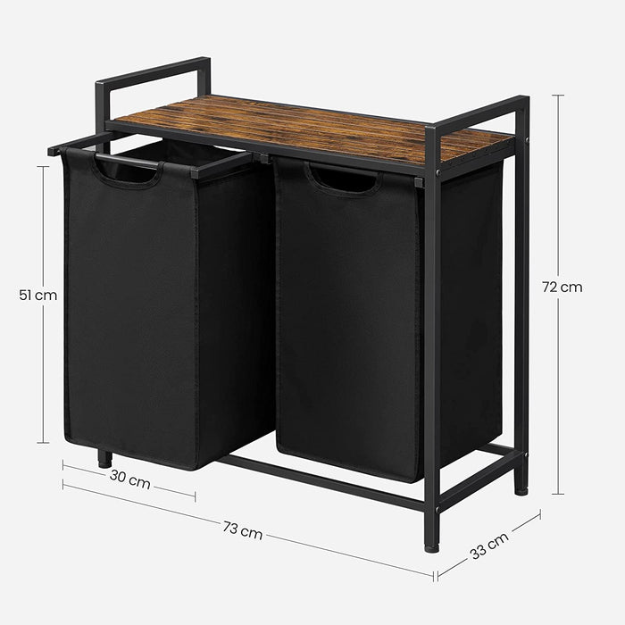 Wäschekorb, Wäschesammler, 2 abnehmbare Taschen aus Oxford-Gewebe, Metallgestell, 2 x 46 Liter, 73 x 33 x 72 cm, vintagebraun-schwarz