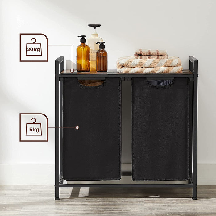 Wäschekorb, Wäschesammler, 2 abnehmbare Taschen aus Oxford-Gewebe, Metallgestell, 2 x 46 Liter, 73 x 33 x 72 cm, vintagebraun-schwarz