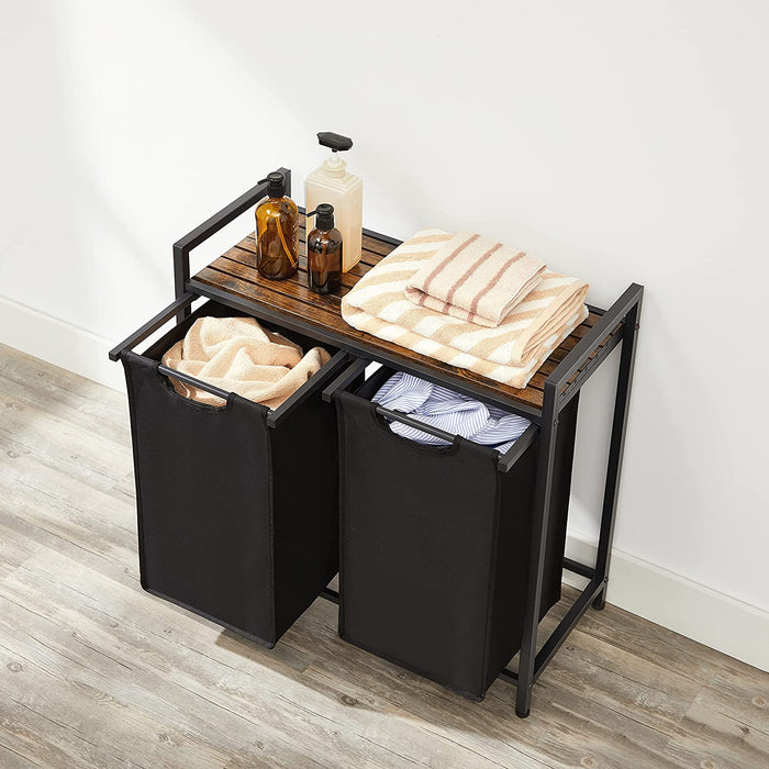 Wäschekorb, Wäschesammler, 2 abnehmbare Taschen aus Oxford-Gewebe, Metallgestell, 2 x 46 Liter, 73 x 33 x 72 cm, vintagebraun-schwarz