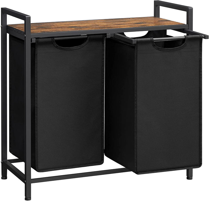 Wäschekorb, Wäschesammler, 2 abnehmbare Taschen aus Oxford-Gewebe, Metallgestell, 2 x 46 Liter, 73 x 33 x 72 cm, vintagebraun-schwarz
