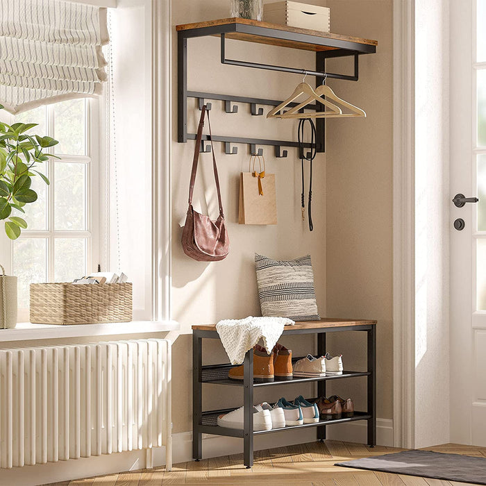 Wandgarderobe mit Ablage, Wandregal mit 10 Haken und Stangen, Wandmontiertes Hängeregal, 80 x 30 x 42 cm, für Flur, Wohnzimmer, Schlafzimmer