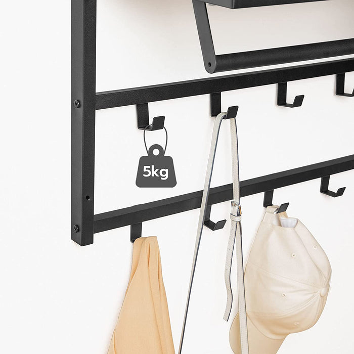 Wandgarderobe mit Ablage, Wandregal mit 10 Haken und Stangen, Wandmontiertes Hängeregal, 80 x 30 x 42 cm, für Flur, Wohnzimmer, Schlafzimmer