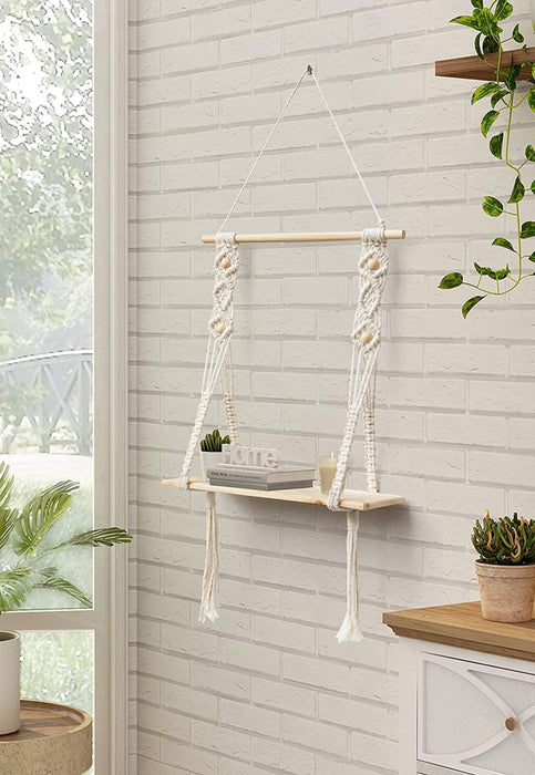 Wandregal Holz Regal Wand Boho Deko Hängeregal Makramee Wanddeko Balkon Badezimmer Wohnzimmer Handgewebte Schweberegal