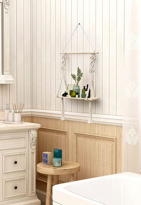 Wandregal Holz Regal Wand Boho Deko Hängeregal Makramee Wanddeko Balkon Badezimmer Wohnzimmer Handgewebte Schweberegal