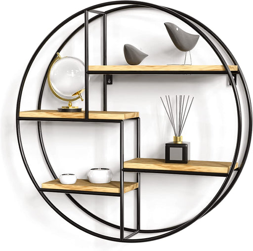Wandregal Rund - Regal Wand mit 4 Böden - Wandregal Holz & Geschweißtes Extradickes Metall - Wanddeko Wohnzimmer Industrieller Stil - Wandregal 