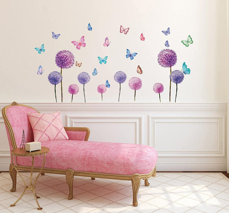 Wandtattoo Löwenzahn,Lila Wandsticker Kinderzimmer,Wandtattoo Pusteblume für Wohnzimmer,Bunt Schmetterling und Blumen Pflanzen Wandaufkleber 
