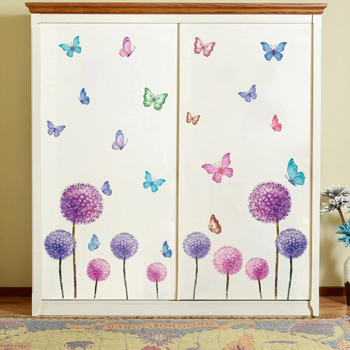 Wandtattoo Löwenzahn,Lila Wandsticker Kinderzimmer,Wandtattoo Pusteblume für Wohnzimmer,Bunt Schmetterling und Blumen Pflanzen Wandaufkleber 