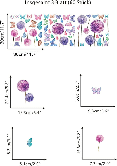 Wandtattoo Löwenzahn,Lila Wandsticker Kinderzimmer,Wandtattoo Pusteblume für Wohnzimmer,Bunt Schmetterling und Blumen Pflanzen Wandaufkleber 
