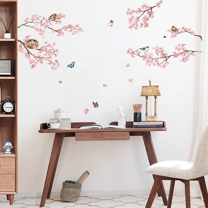 Wandtattoo Rosa Kirschblüte Wandsticker Vögeln auf Baum Wandaufkleber Blumen Rosa Wandsticker Wohnzimmer Schlafzimmer Büro Wanddeko(H 100cm)